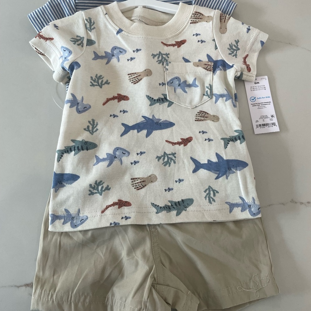 Baby shirt, shorts and onesie set- Cream and Blue
